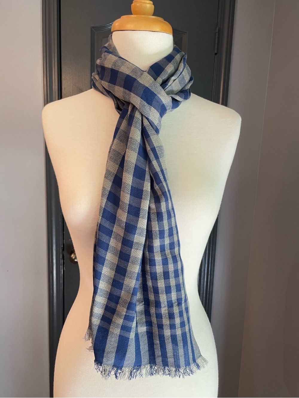 Banana Republic Cobalt Blue & Grey Checked Cotton Blend Scarf w Fringe